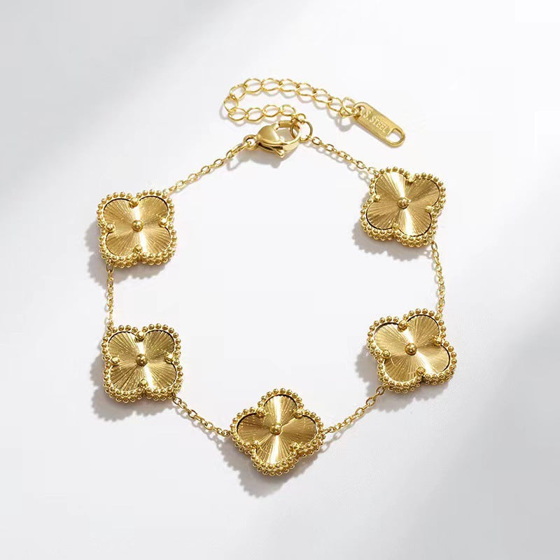 14K Gold Plated Clover Charm Bracelet Stainless Steel Flower Bracelet