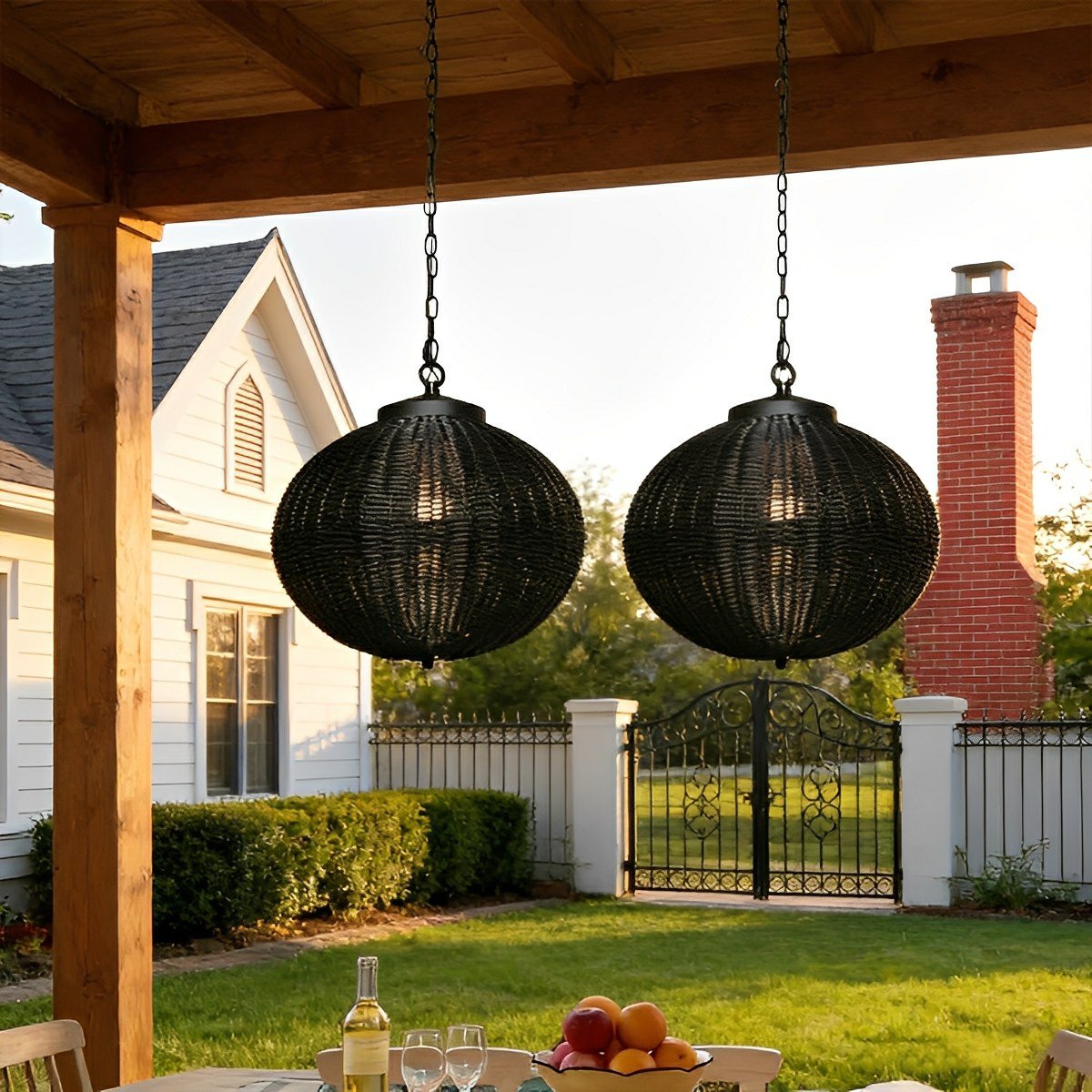 Retro Rattan Outdoor Pendant Light Waterproof Garden Chandelier